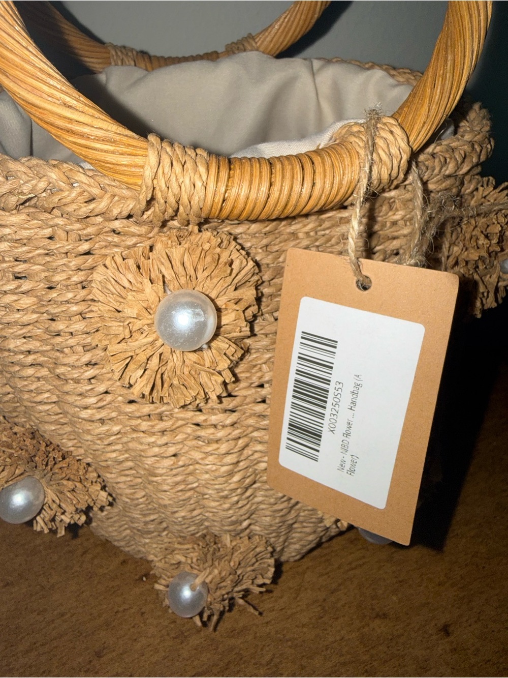 Pearl Flower Straw Bucket Handbag, - Picture 7 of 7